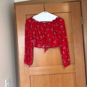 Off-Shoulder Tie Front Crop Top